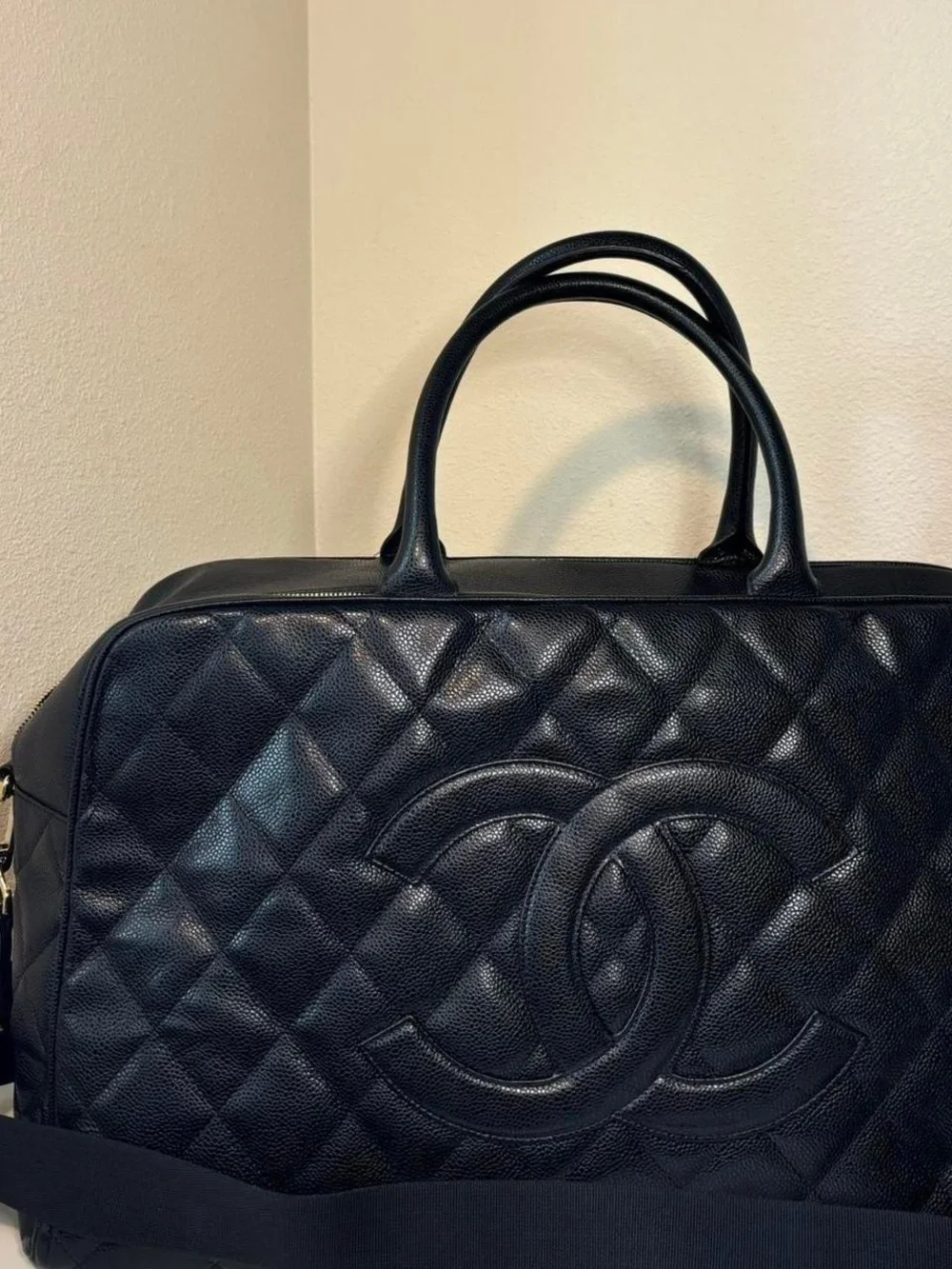 CHANEL Black Quilted Caviar Leather Tote with CC Emblem